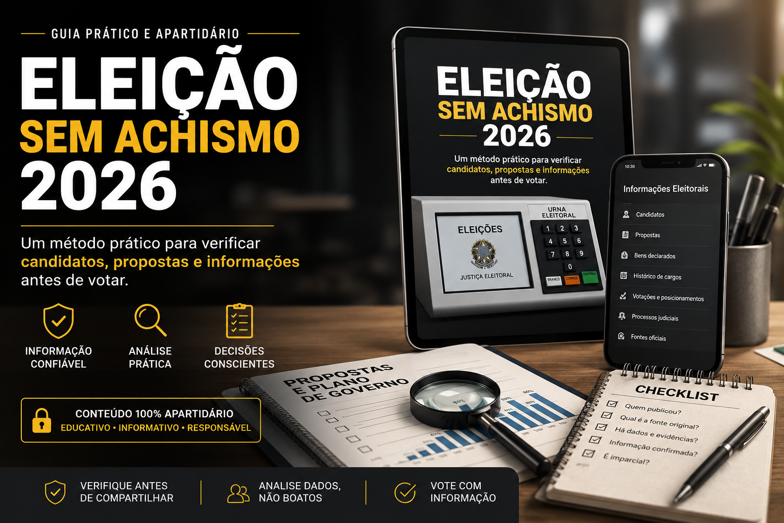 Capa do guia digital Eleição Sem Achismo 2026 em tablet e celular